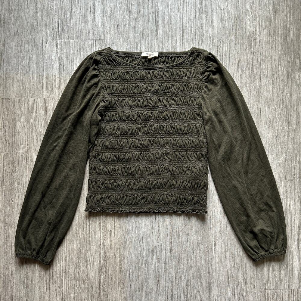 Madewell Olive Green Cotton Crewneck Ruched Bodice Long Bell Sleeves Size Medium
